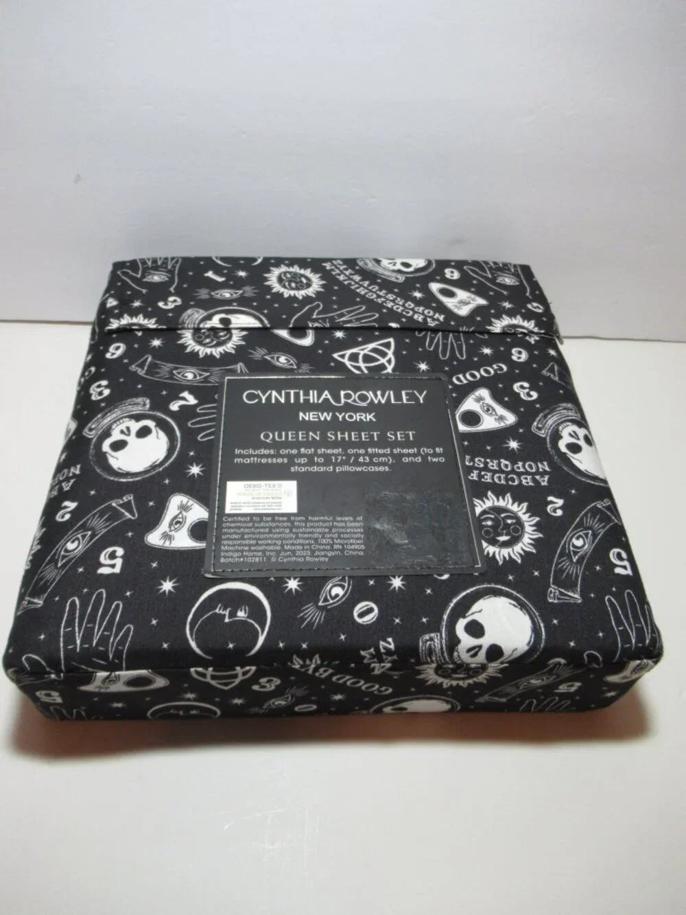 New Cynthia Rowley QUEEN Black Ouija Sheet Set Sun Stars Moon Skull Halloween